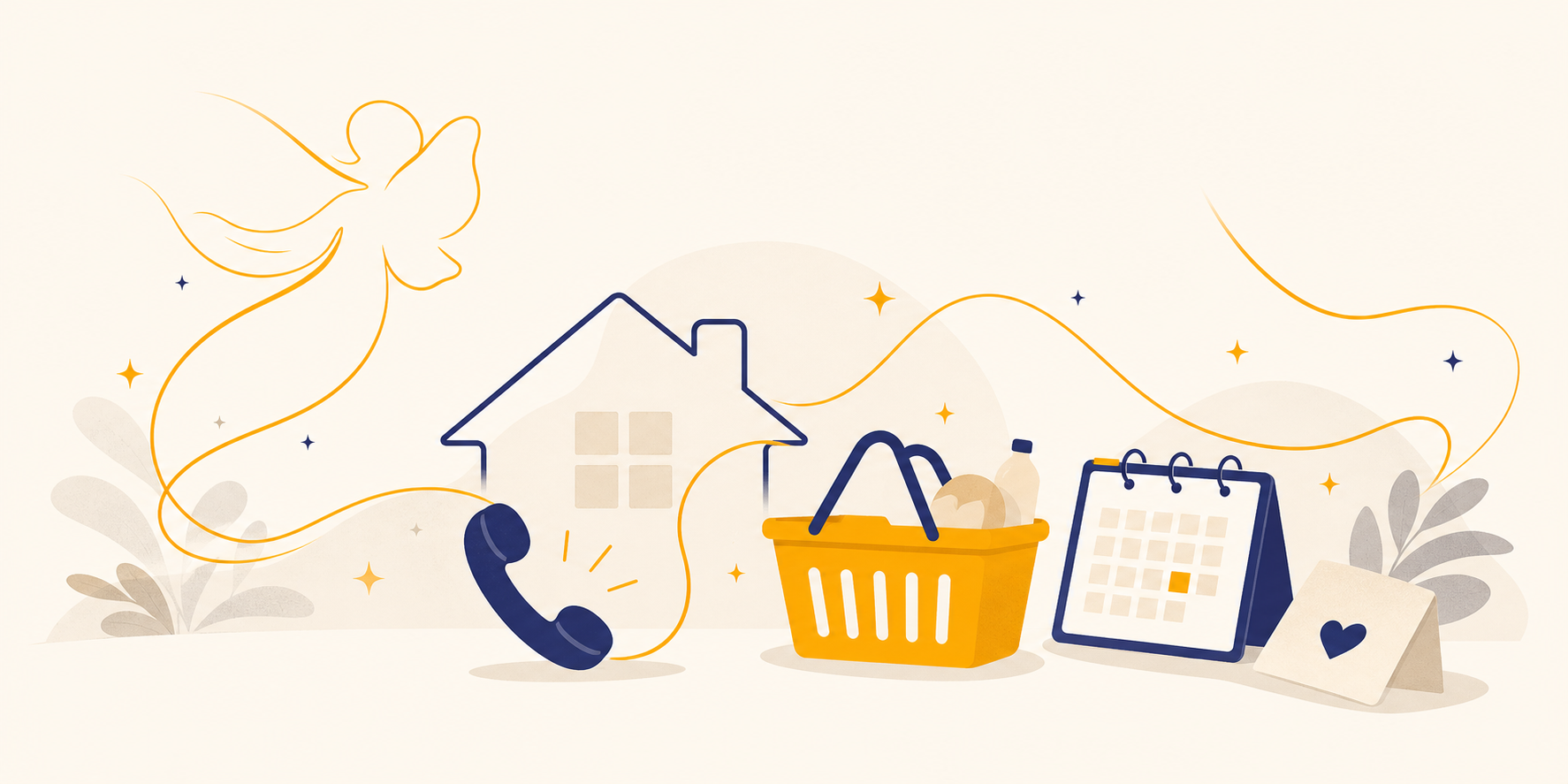 Illustration mit Feenlinie, Telefon, Einkaufskorb, Kalender und Notiz