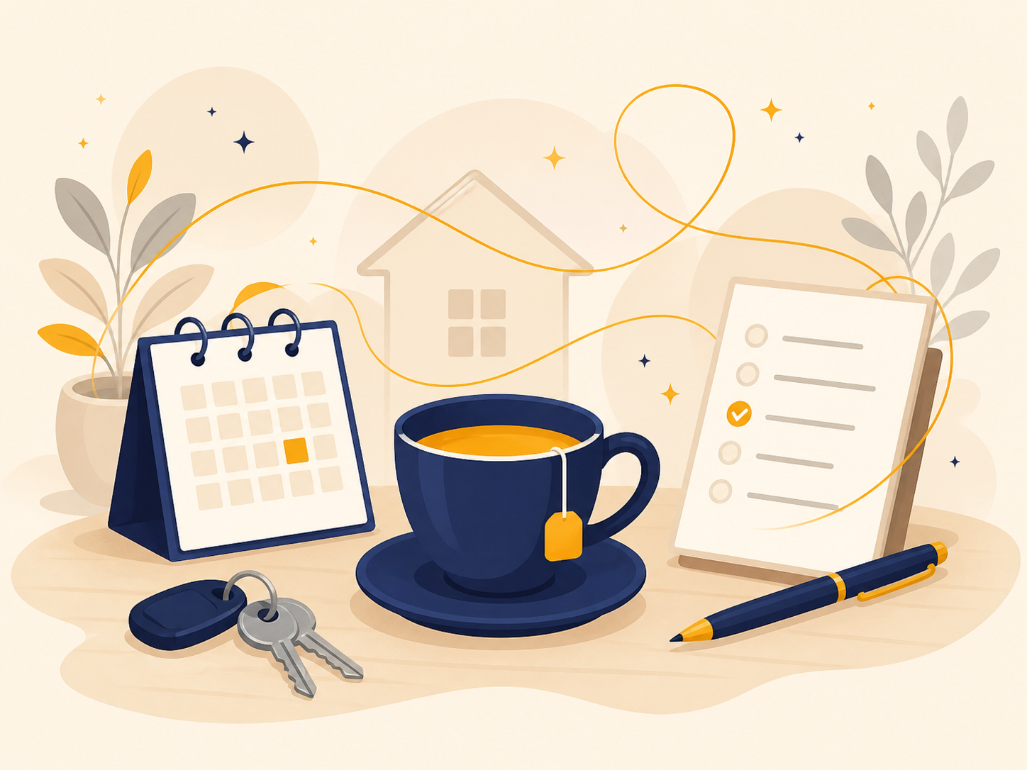 Illustration mit Kalender, Tee, Schlüssel und Checkliste