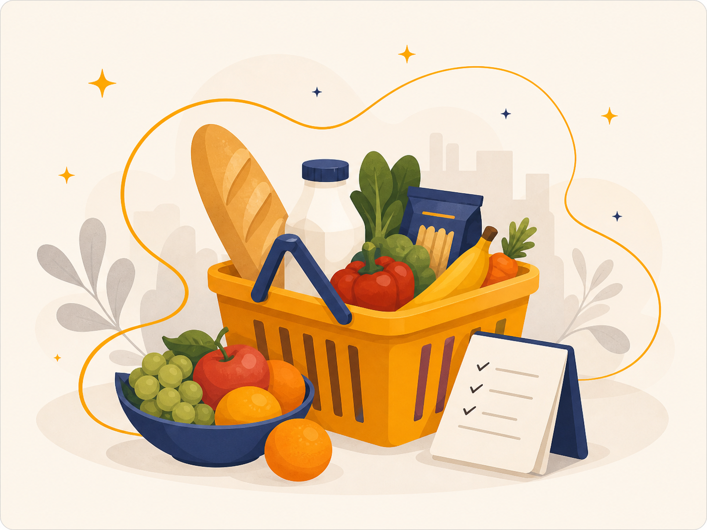 Illustration eines Einkaufskorbs mit Lebensmitteln und Liste